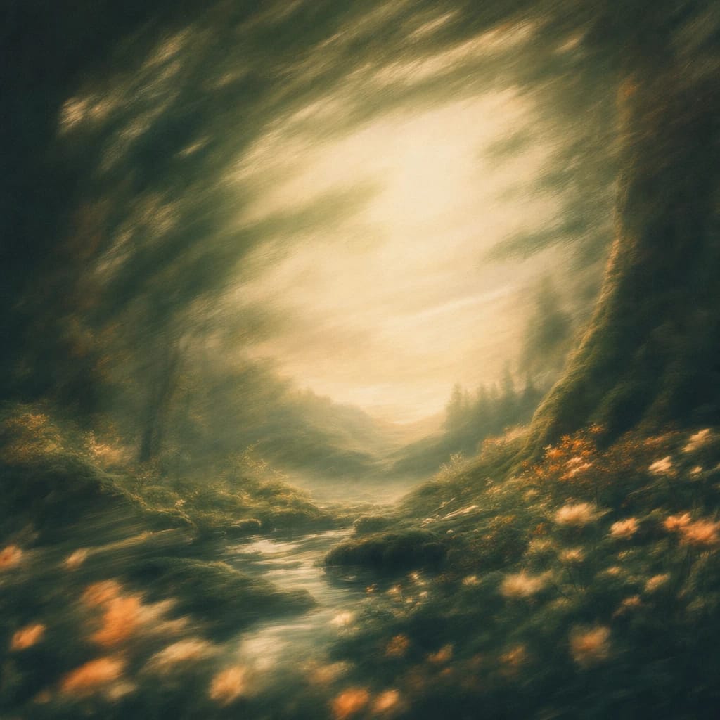 Stylized scene featuring a mossy forest clearing with towering ancient trees and sunlight streaming through the canopy, rendered in deep forest green, off-white, and warm orange