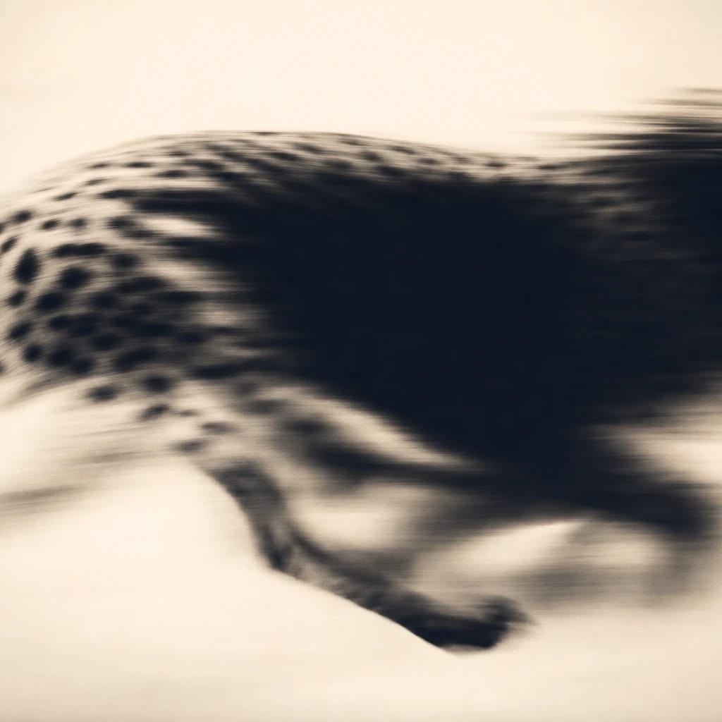 Stylized scene featuring a blurred running cheetah in mid-stride, rendered in blue, off-white
