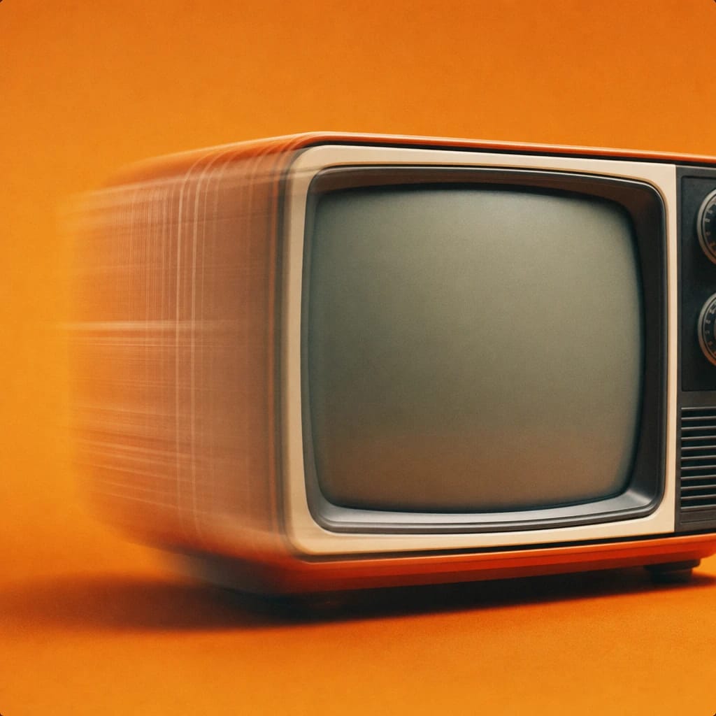Stylized scene featuring a retro television set, softly out of focus, rendered in gray, blue