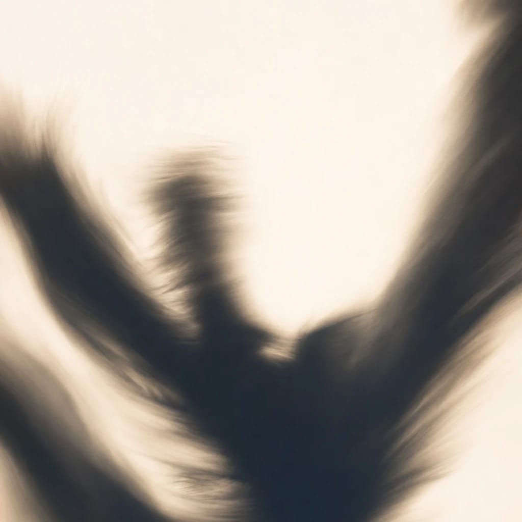 Stylized scene featuring a person with an expressive, joyful gesture, slightly out of focus, rendered in orange, off-white