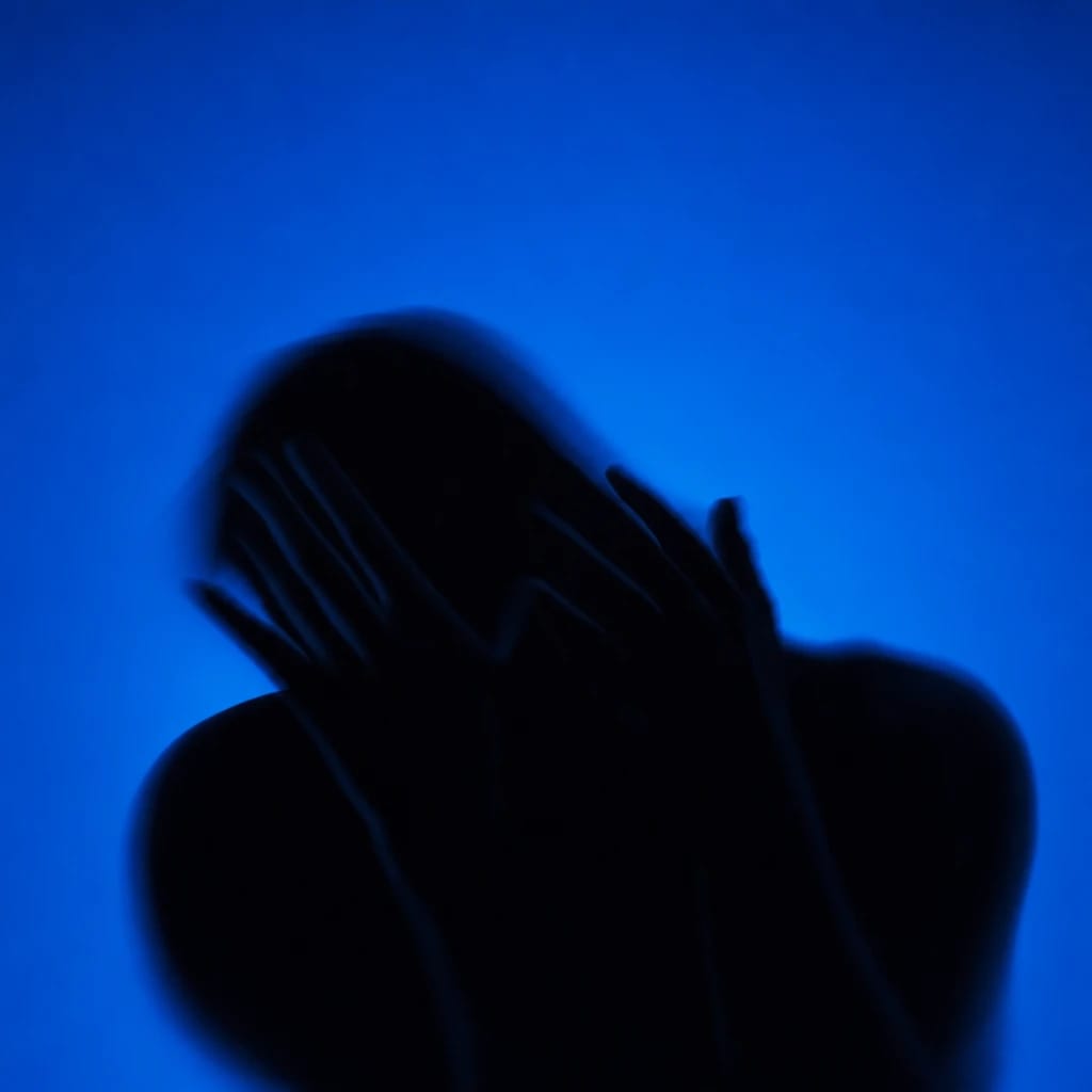 Stylized scene featuring a shadowy figure cowering behind their hands, rendered in #004CB6