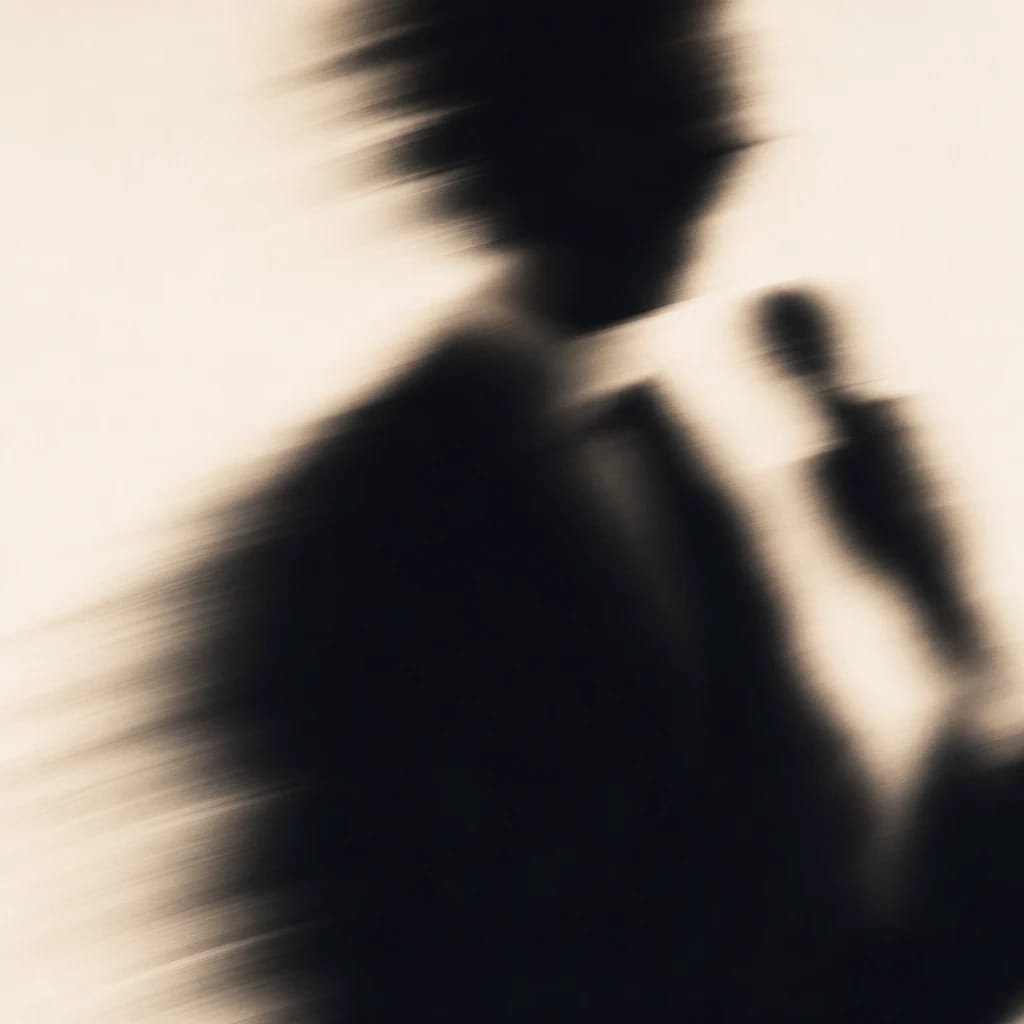 Stylized scene featuring a confident person in a suit, holding a microphone, slightly blurred, rendered in blue, off-white