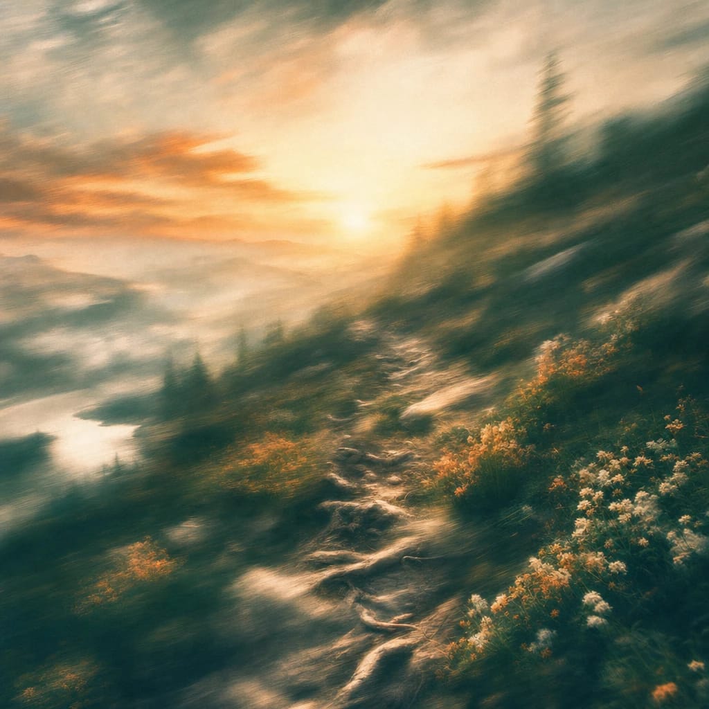 Stylized scene featuring rocky mountain trail at sunrise with wildflowers and exposed roots, rendered in deep forest green, off-white, and warm orange