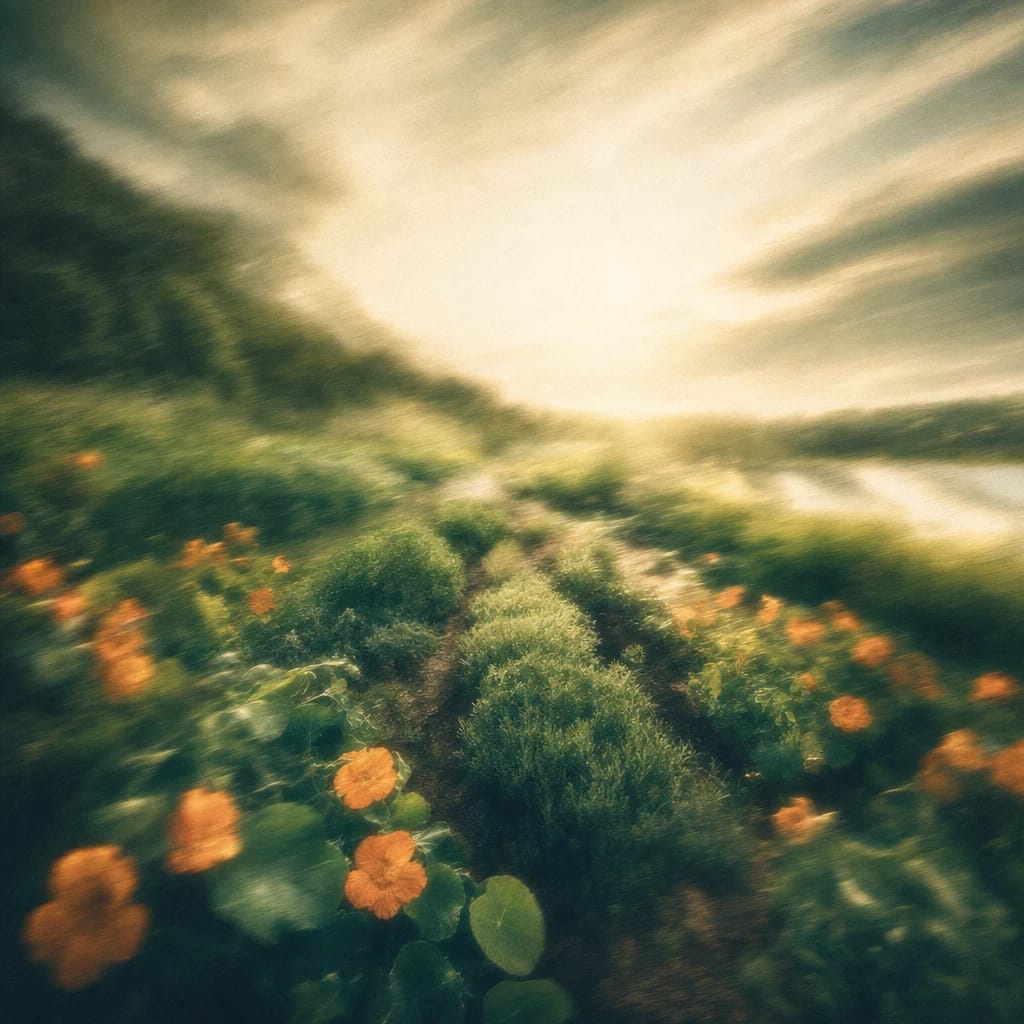 Stylized scene featuring a sunlit herb garden with rows of fresh green herbs and scattered orange nasturtium flowers, rendered in deep forest green, off-white, and warm orange