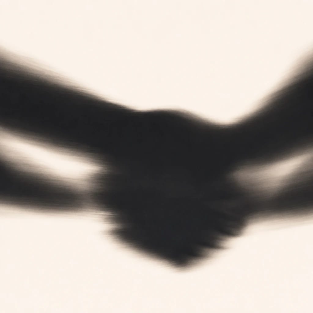 Stylized scene featuring a handshake between two people, in soft focus, rendered in deep green, gray