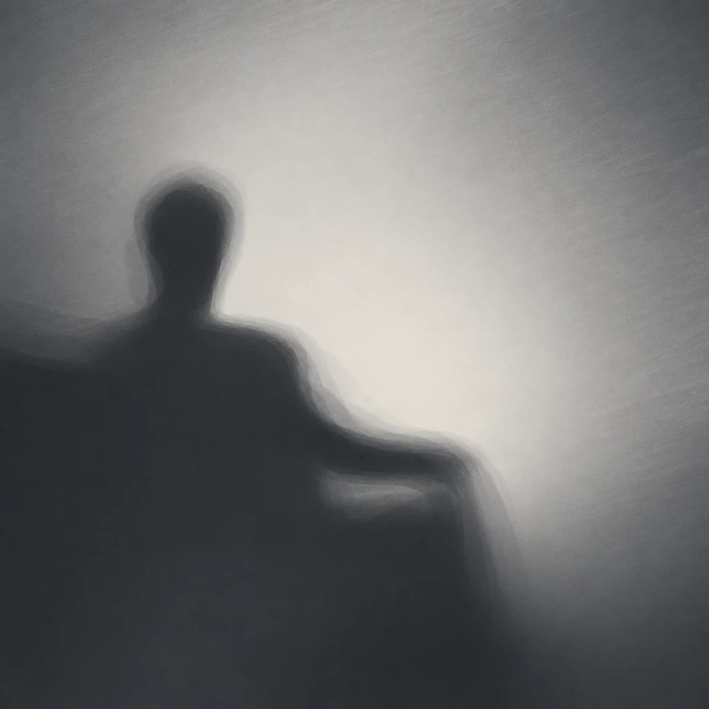 Stylized scene featuring a relaxed male silhouette seated, head turned away, rendered in charcoal gray #41454A