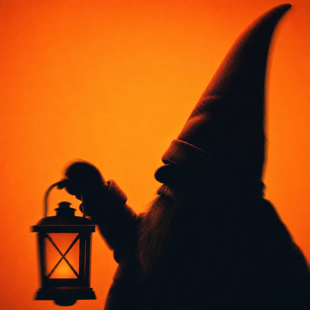 Stylized scene featuring a gnome with a tall red hat, holding a lantern, rendered in #F76D3F