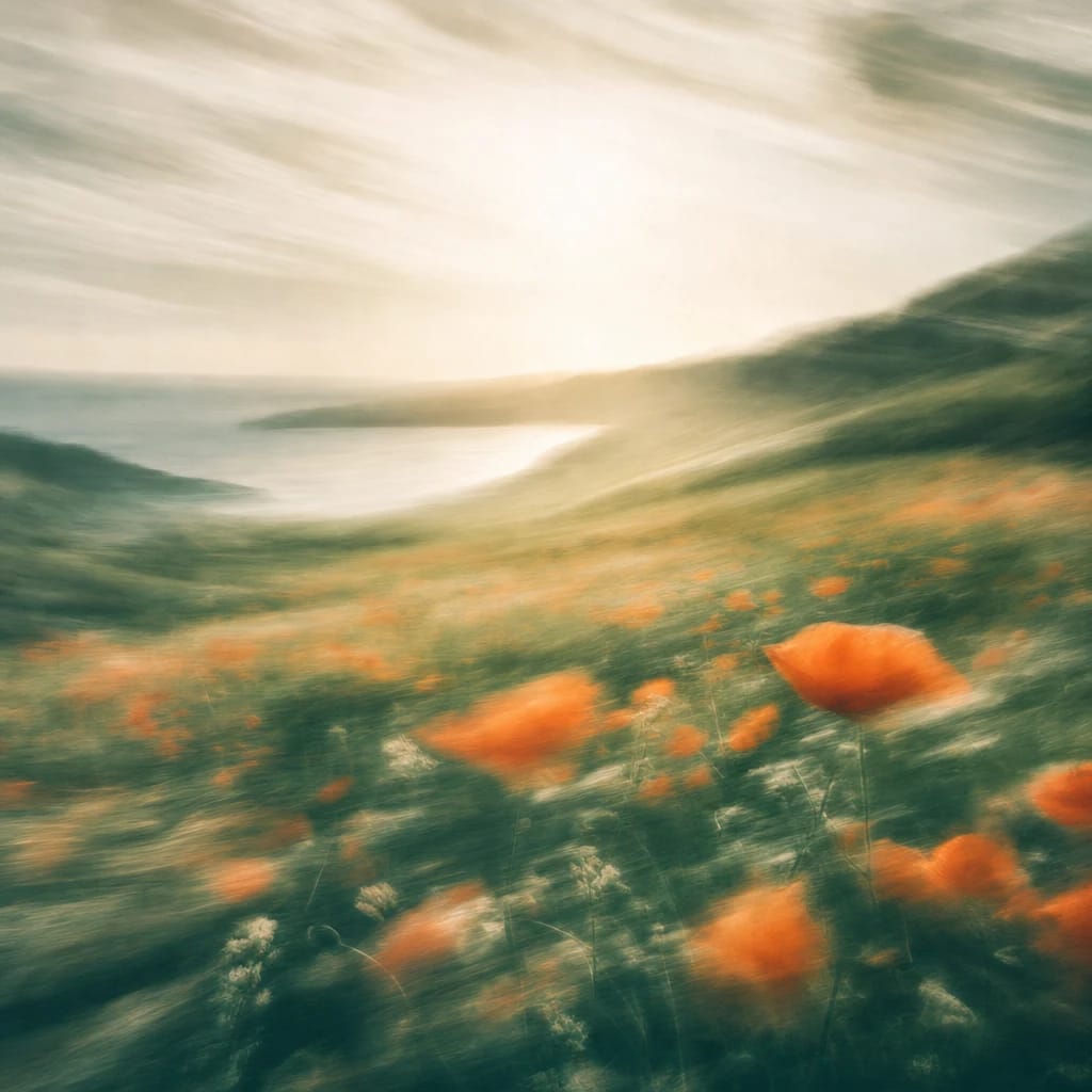 Stylized scene featuring wild poppies bursting open in a sunlit meadow, rendered in deep forest green, off-white, and warm orange