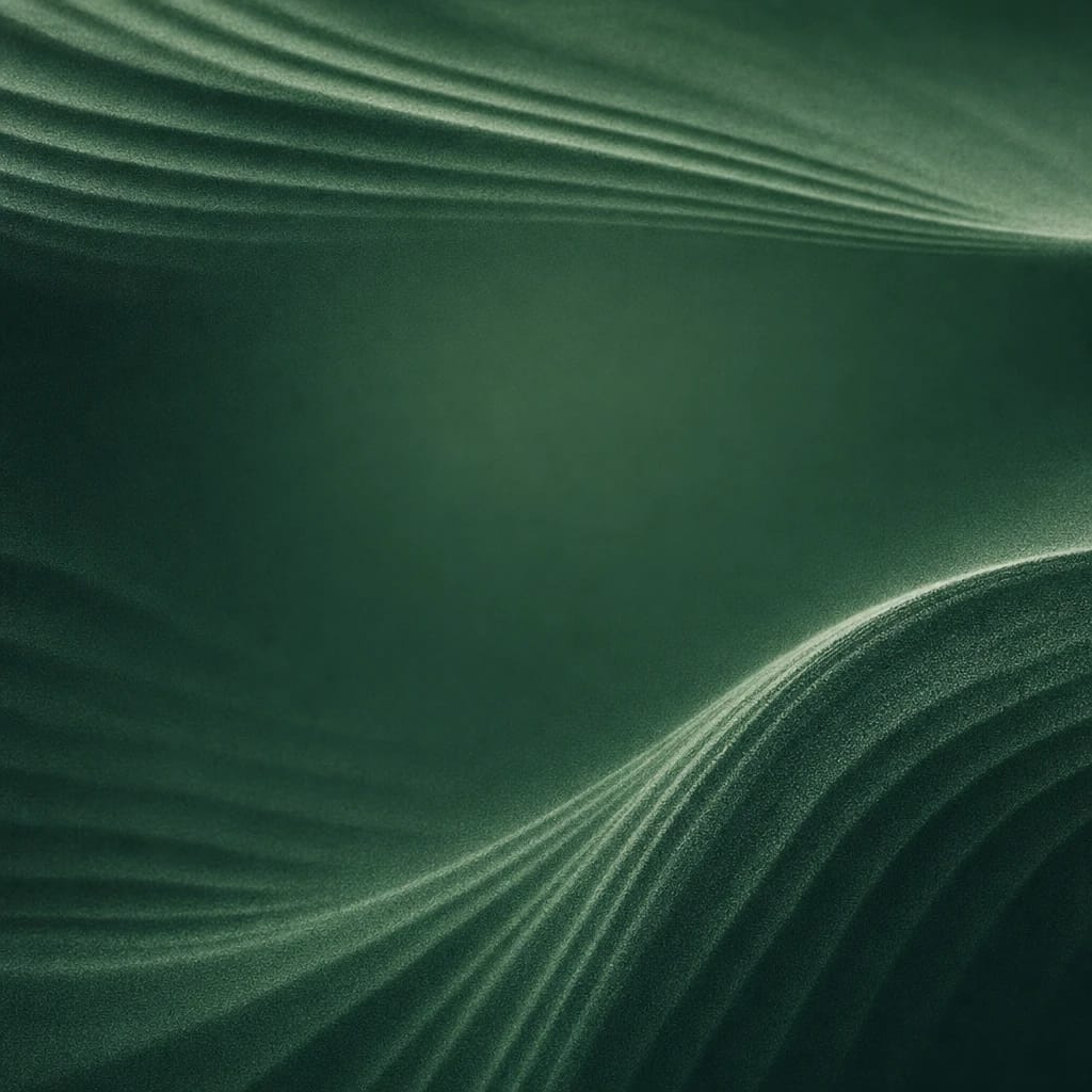 Stylized scene featuring ripple patterns in fine sand formed by gentle breath, rendered in forest green #214E3A