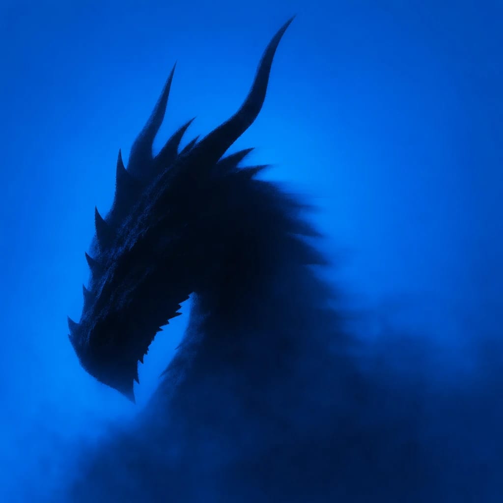 Stylized scene featuring a dragon's head emerging from mist, softly blurred, rendered in #004CB6