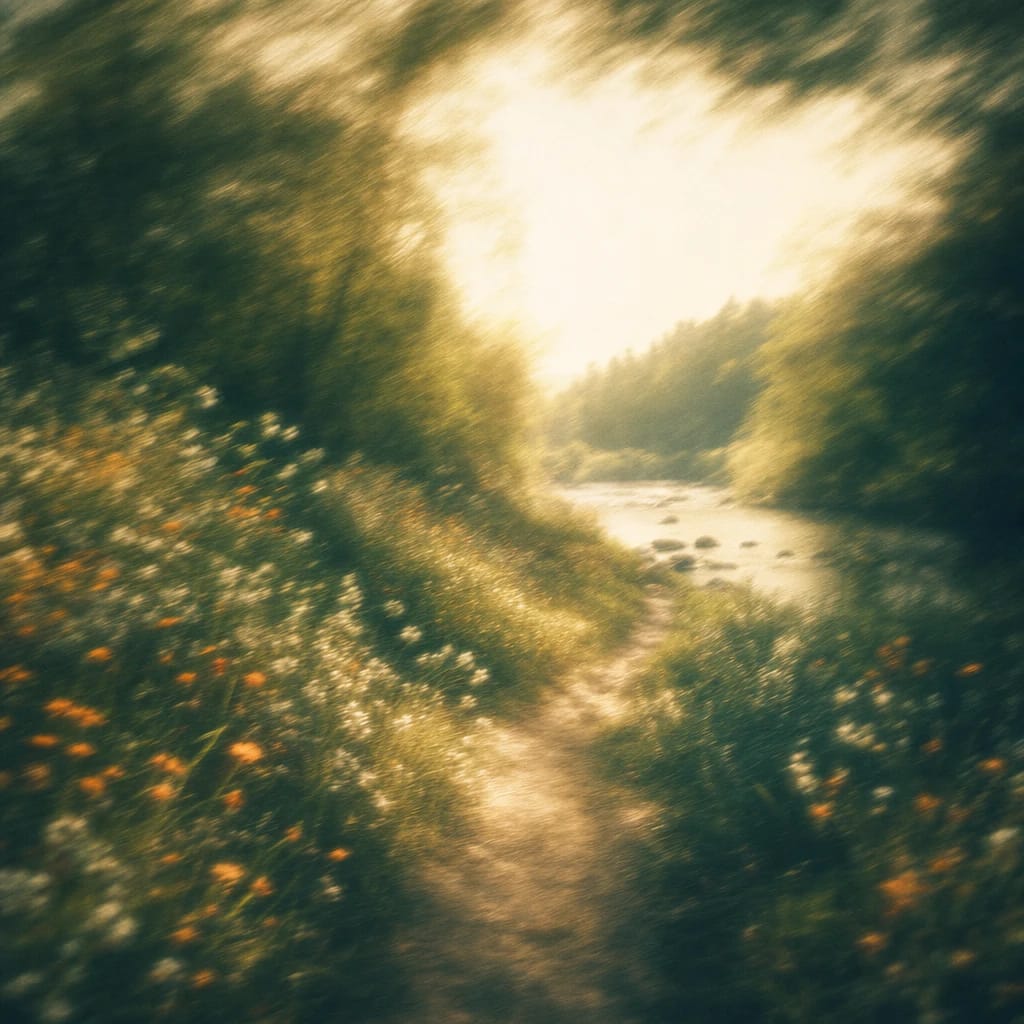 Stylized scene featuring sun-dappled woodland path lined with wildflowers, rendered in deep forest green, off-white, and warm orange