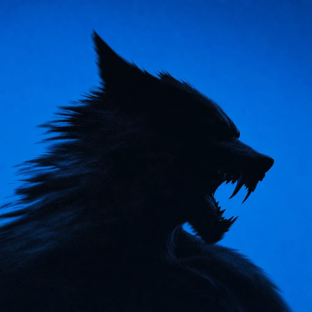 Stylized scene featuring a snarling werewolf, partially in silhouette, rendered in #004CB6