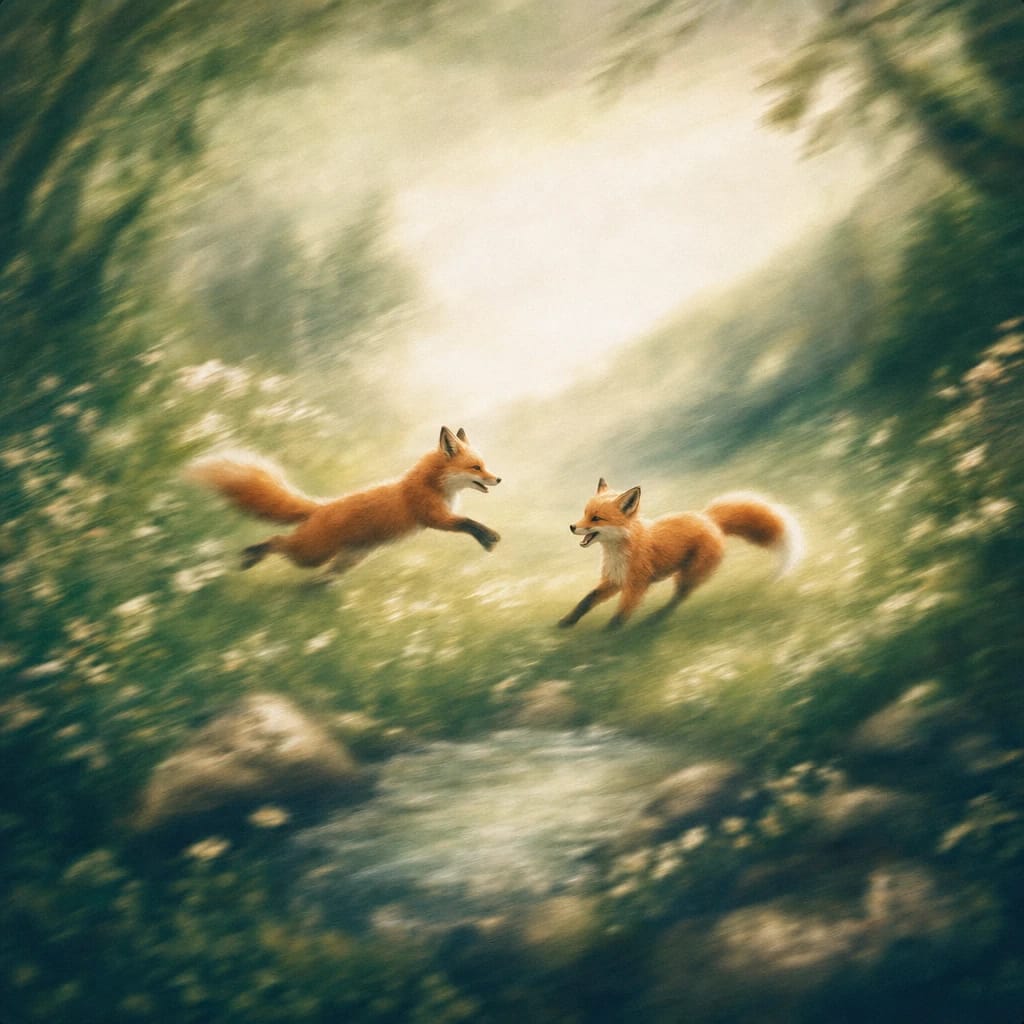 Stylized scene featuring two friendly foxes playfully interacting in a sun-dappled forest clearing, rendered in deep forest green, off-white, and warm orange