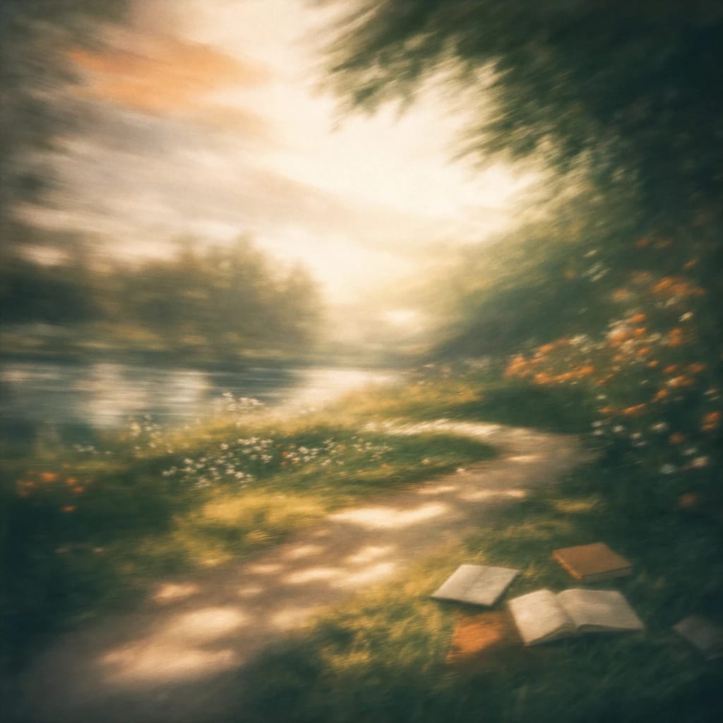 Stylized scene featuring a sun-dappled path winding through a lush, green campus lawn with scattered notebooks, rendered in deep forest green, off-white, and warm orange