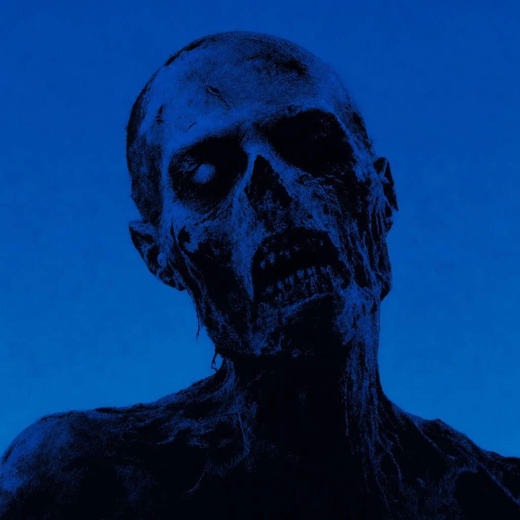 Stylized scene featuring a detailed zombie face, slightly decayed, rendered in #004CB6