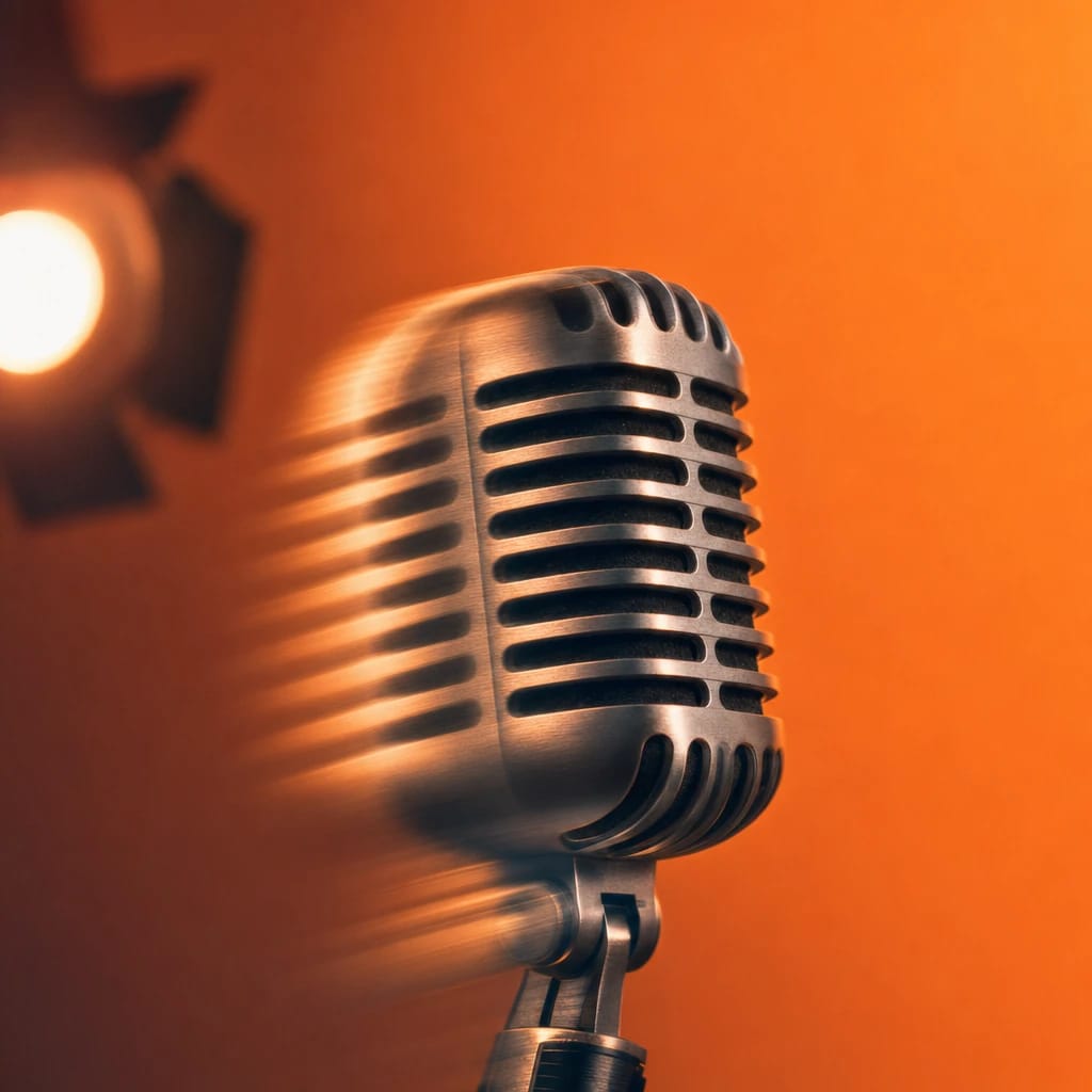Stylized scene featuring a vintage microphone with studio lights, softly blurred, rendered in deep green, gray