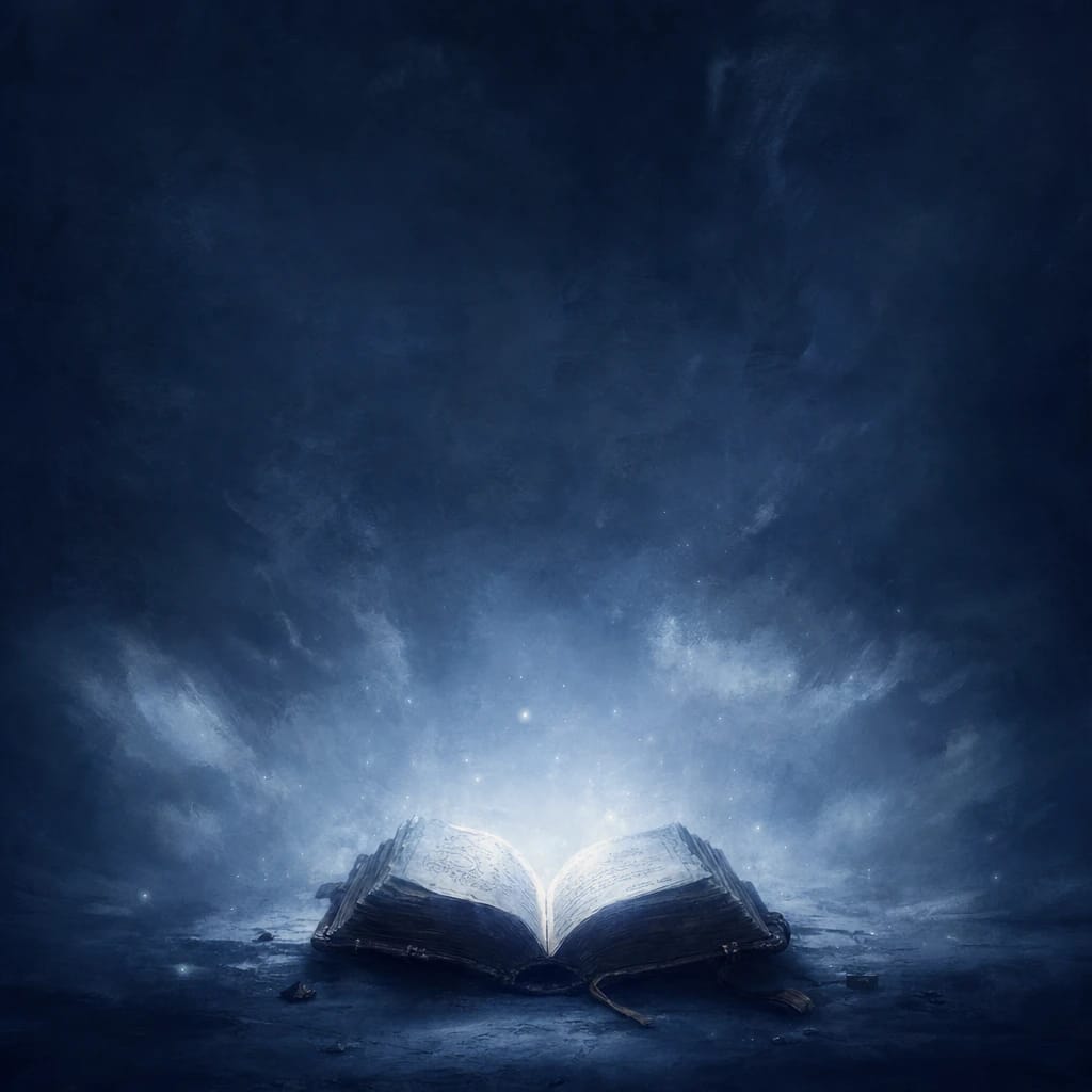 Stylized scene featuring an ancient leather-bound storybook, open and glowing faintly, rendered in #DFE8F3 and #020A2F
