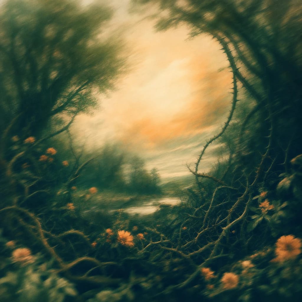Stylized scene featuring a dense, shadowy thicket with tangled roots and sharp, thorny vines under a dark forest canopy, rendered in deep forest green, off-white, and warm orange