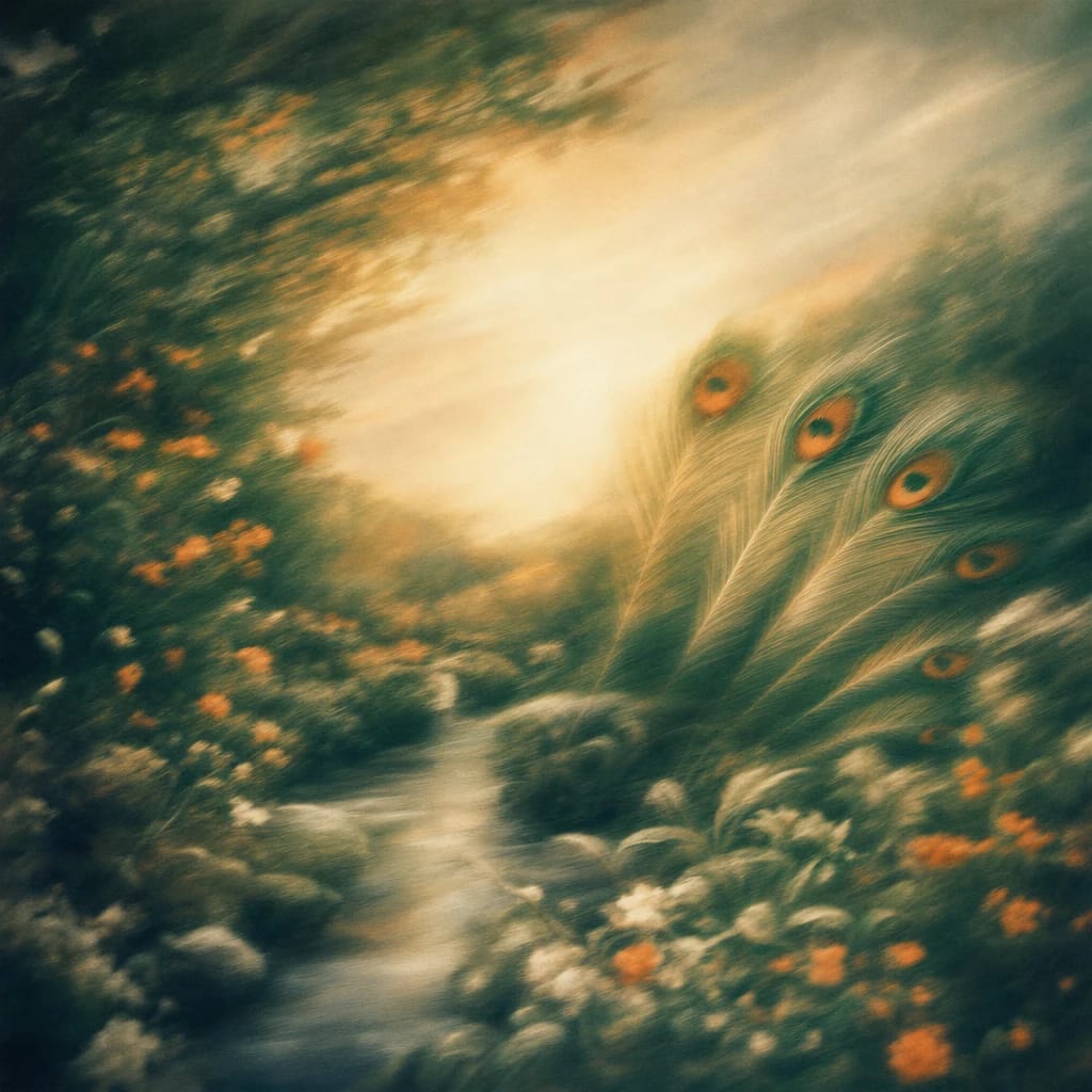 Stylized scene featuring sunlit peacock feathers fanning amid lush forest undergrowth, rendered in deep forest green, off-white, and warm orange