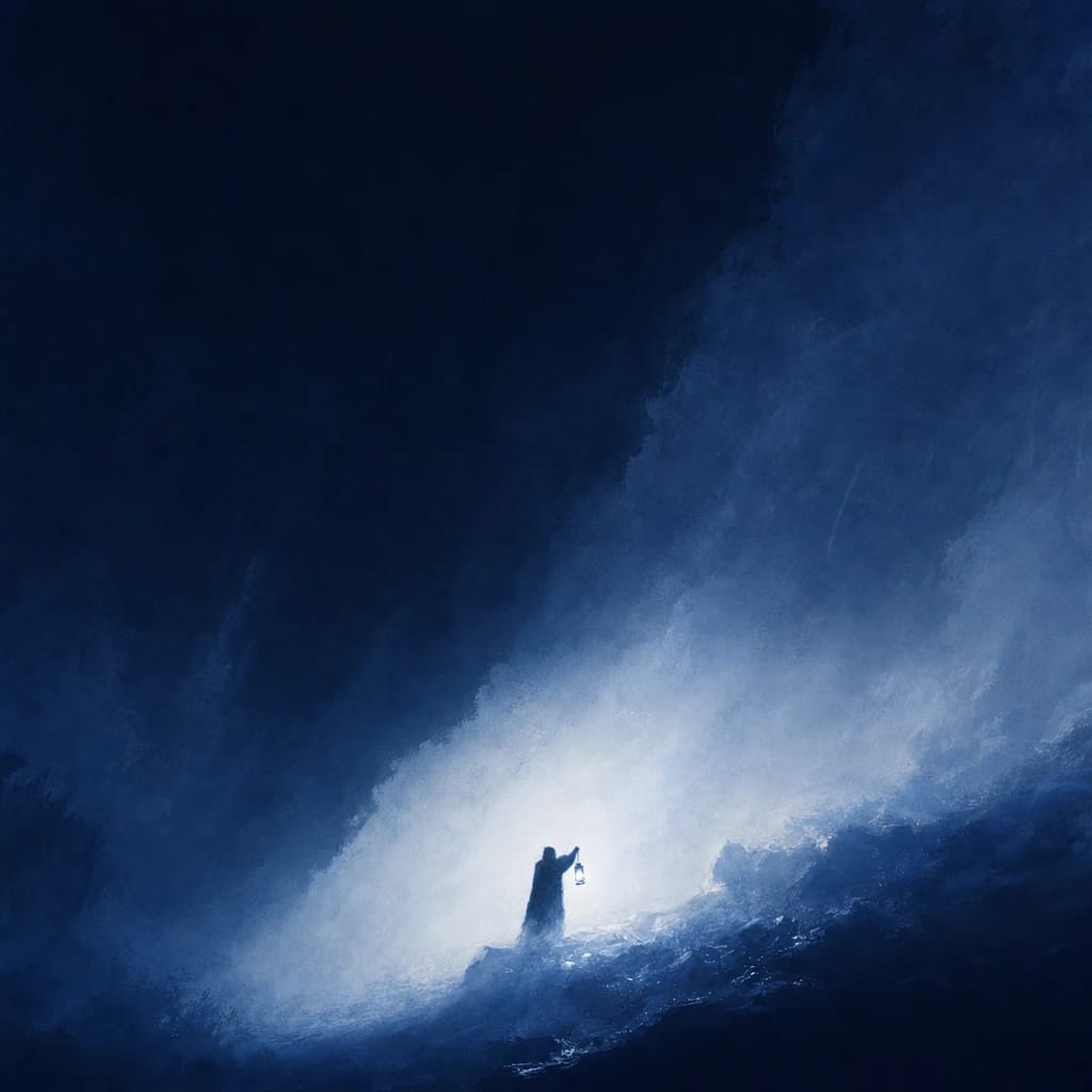 Stylized scene featuring a silhouetted figure holding a lantern, emerging from deep shadows, rendered in #DFE8F3 and #020A2F
