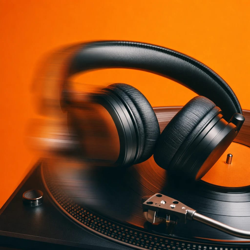 Stylized scene featuring a vinyl turntable with headphones resting on top, rendered in deep green, gray