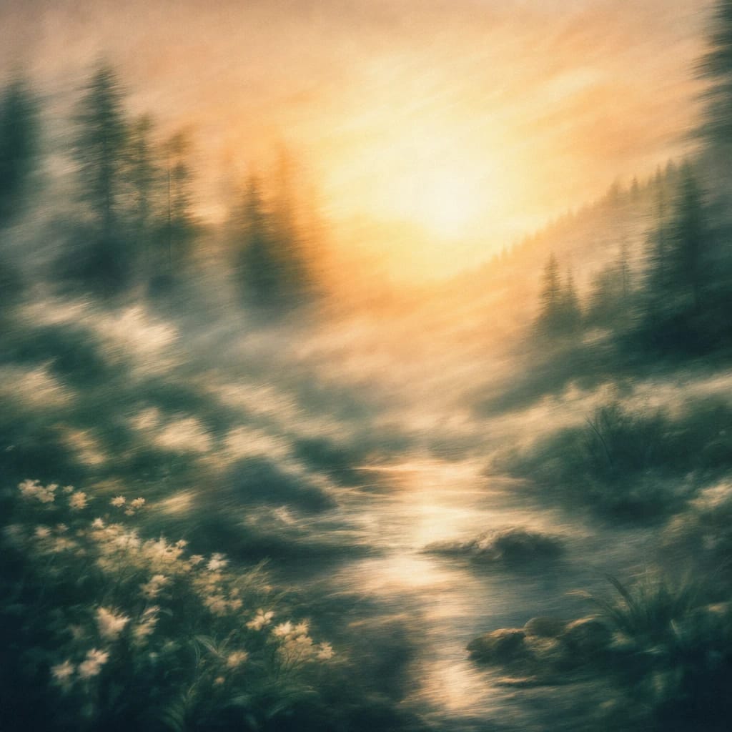 Stylized scene featuring sunrise breaking through dense forest mist, rendered in deep forest green, off-white, and warm orange
