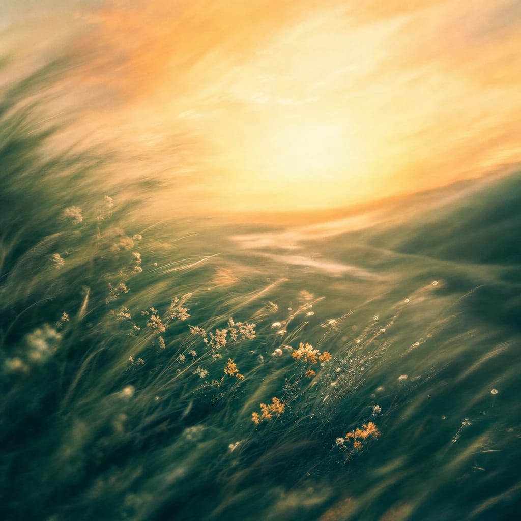 Stylized scene featuring a dew-covered meadow at sunrise, grasses and wildflowers bending as if caught by a gentle unexpected gust, rendered in deep forest green, off-white, and warm orange