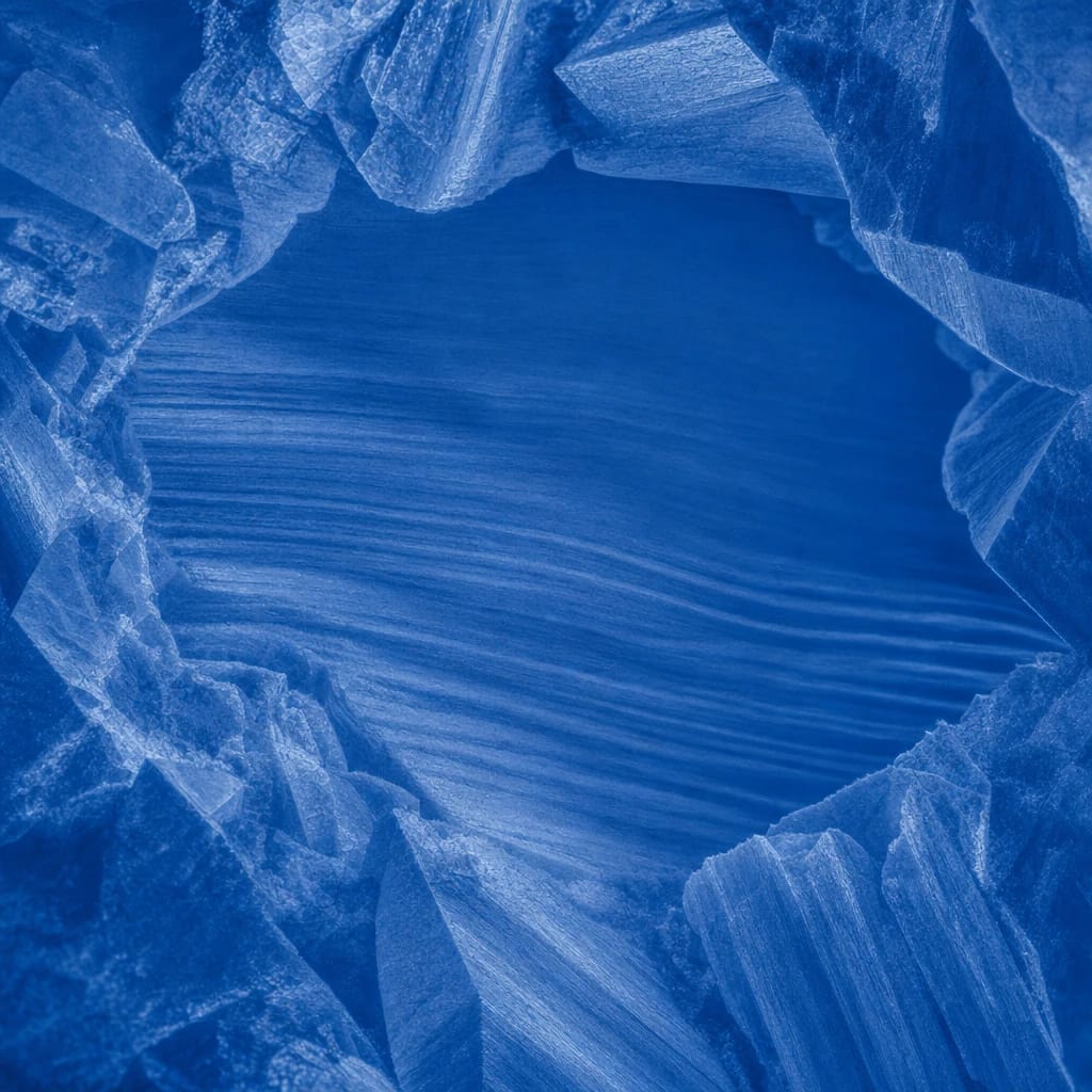 Stylized scene featuring cross-section of a crystalized pill tablet, rendered in cobalt blue #1E4FA3