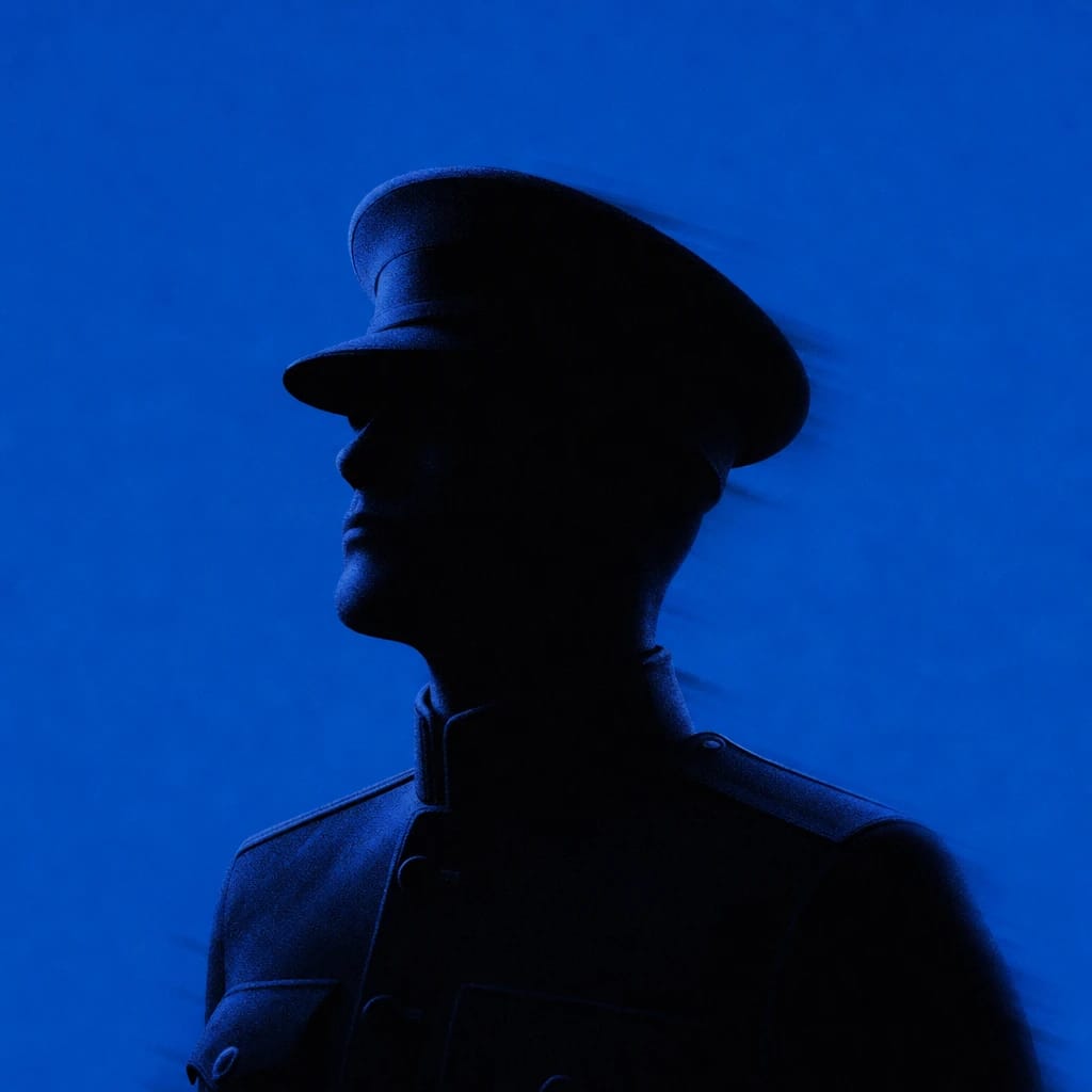 Stylized scene featuring a soldier in uniform, standing at attention, rendered in #004CB6