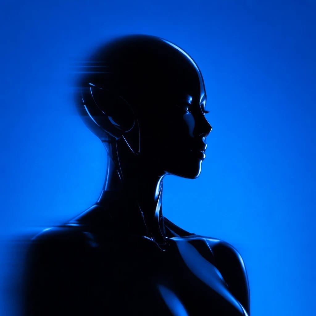 Stylized scene featuring a futuristic female robot with sleek, reflective features, rendered in #004CB6