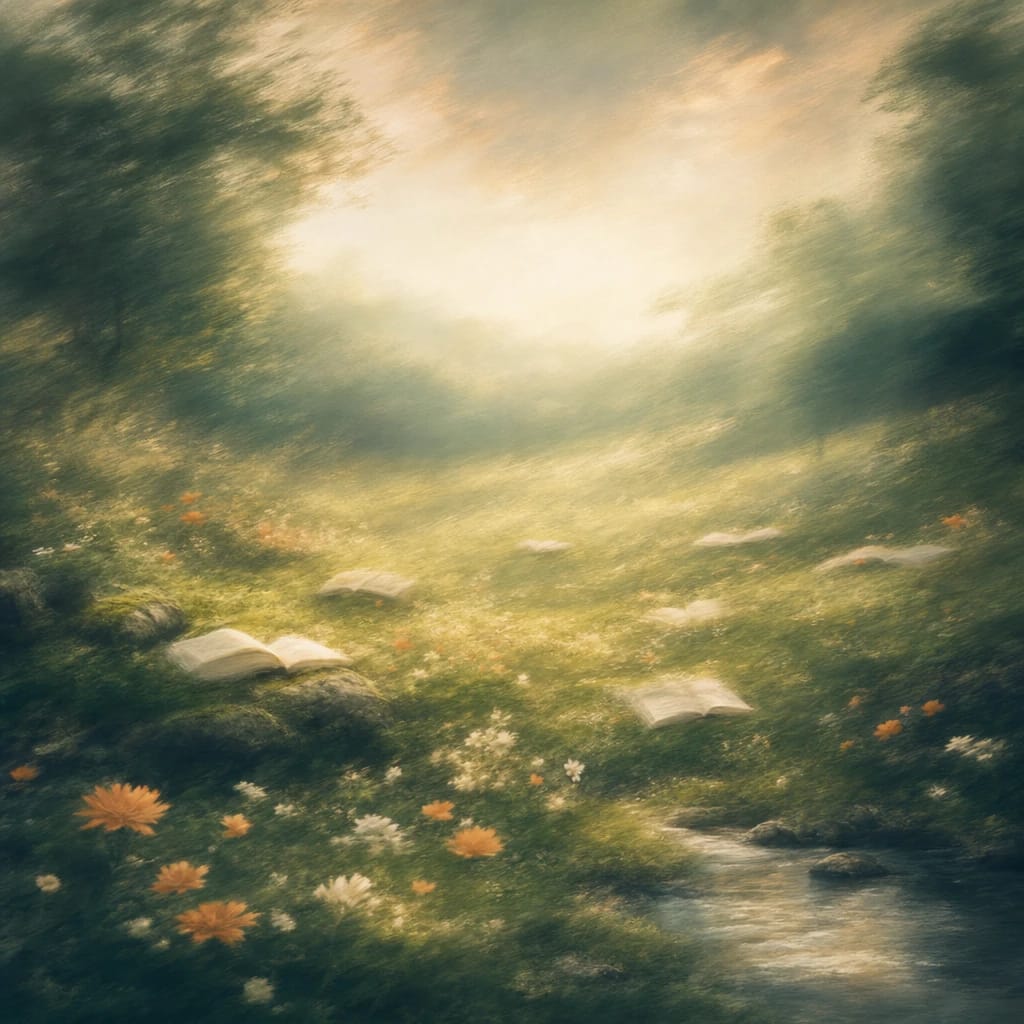 Stylized scene featuring a sun-dappled mossy clearing, scattered with wildflowers and open books, rendered in deep forest green, off-white, and warm orange