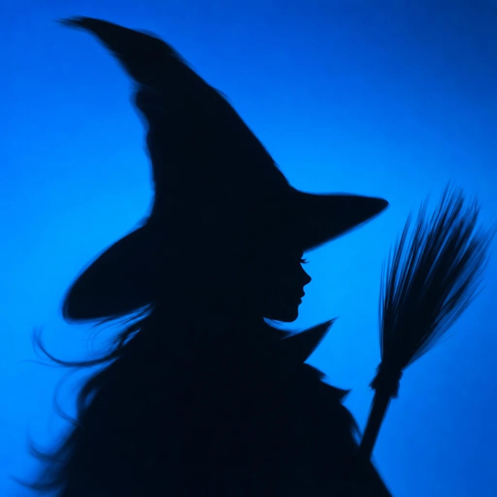 Stylized scene featuring a witch silhouette with a pointed hat and broom, rendered in #004CB6