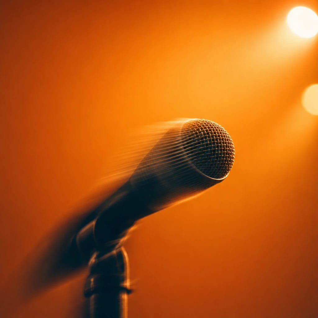 Stylized scene featuring a microphone and stage lights, softly blurred, rendered in blue, off-white