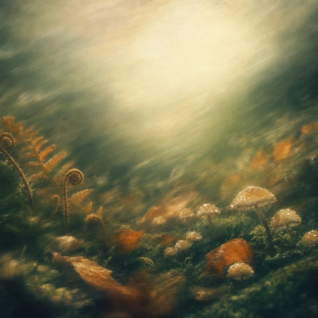 Stylized scene featuring dew-glazed mushrooms nestled in moss at the forest floor, with curling bracken and scattered fallen leaves, rendered in deep forest green, off-white, and warm orange