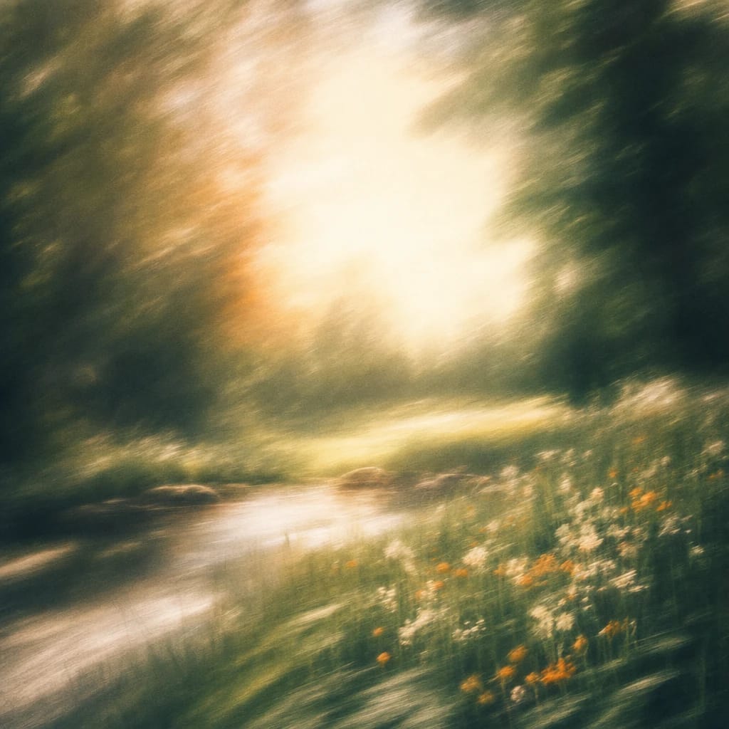 Stylized scene featuring a sun-dappled forest clearing with gentle wildflowers and soft grass, rendered in deep forest green, off-white, and warm orange