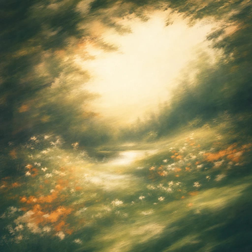Stylized scene featuring a sun-dappled woodland clearing with soft wildflowers and fresh green leaves, rendered in deep forest green, off-white, and warm orange