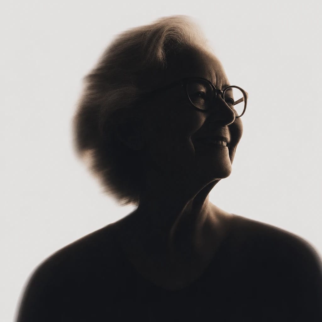 Stylized scene featuring a warm, smiling elderly woman with glasses and white hair, rendered in #D7D5D5