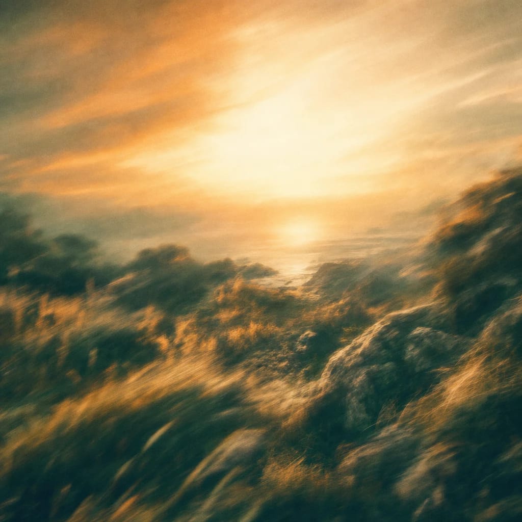 Stylized scene featuring sunset-lit rocky terrain with wild grasses and rugged earth, rendered in deep forest green, off-white, and warm orange