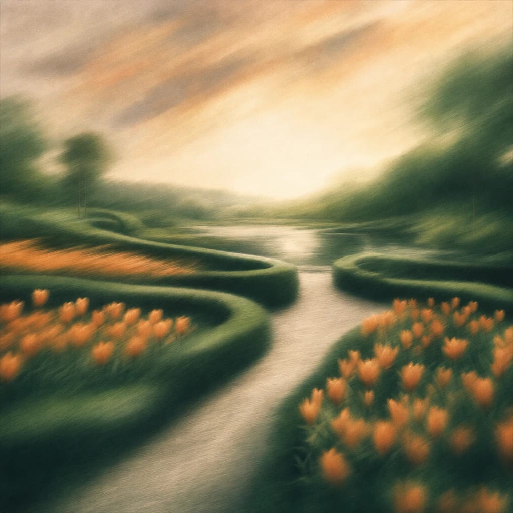 Stylized scene featuring manicured garden hedges with blooming orange tulips and winding gravel paths, rendered in deep forest green, off-white, and warm orange