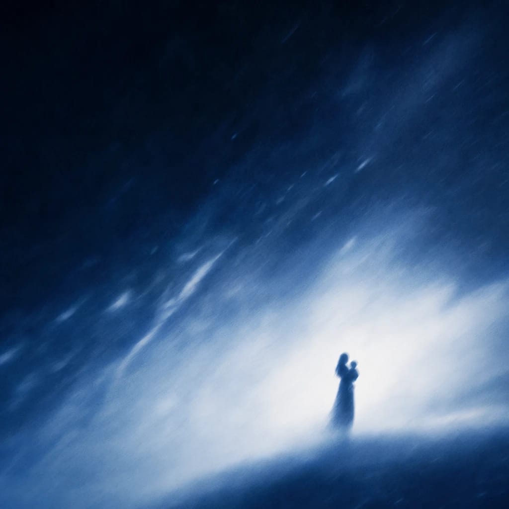Stylized scene featuring a silhouette of a woman cradling a child, softly blurred, rendered in #DFE8F3 and #020A2F