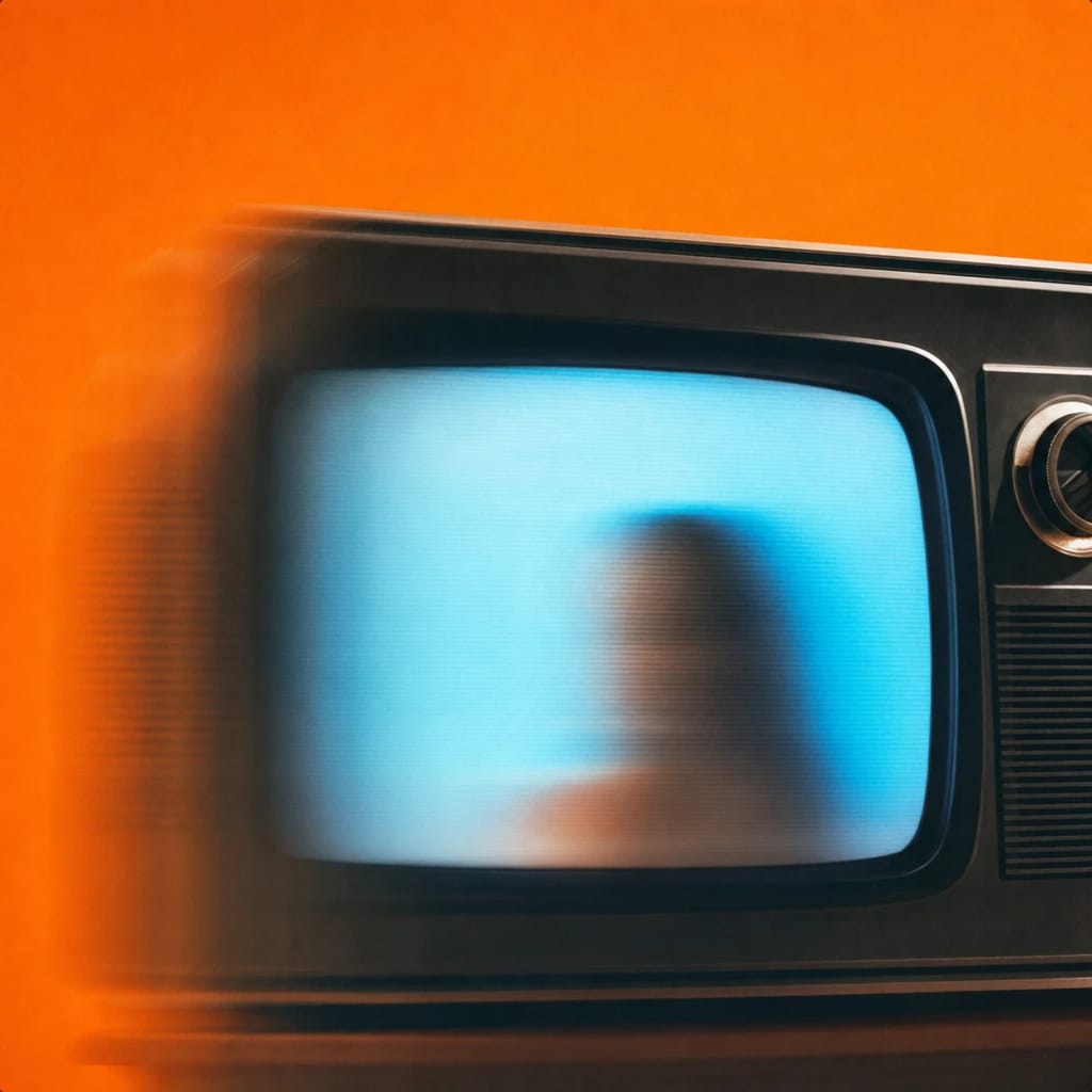 Stylized scene featuring a vintage television set with a news broadcast, softly out of focus, rendered in gray, blue