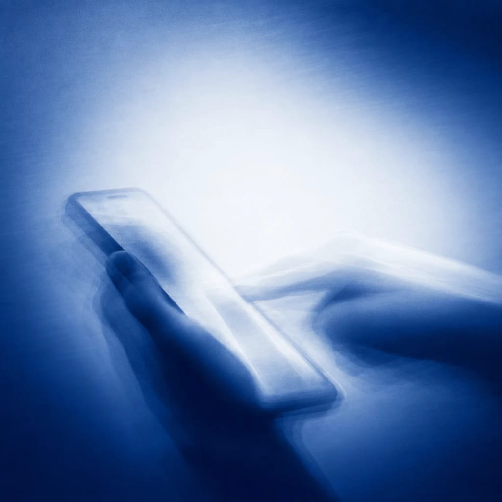 Stylized scene featuring a stylized, flowing motion-blur of a hand scrolling on a phone screen, rendered in deep cobalt #173E8F