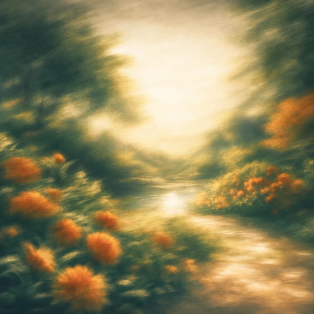 Stylized scene featuring a sun-dappled garden with blooming marigolds and a warm, inviting pathway, rendered in deep forest green, off-white, and warm orange