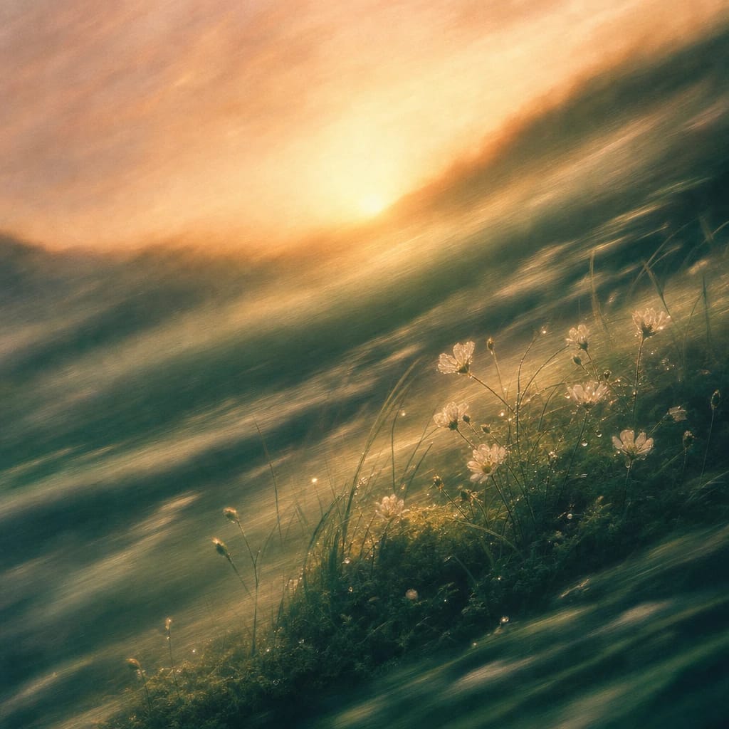 Stylized scene featuring a cluster of dew-kissed wildflowers nestled in soft mossy grass at sunrise, rendered in deep forest green, off-white, and warm orange
