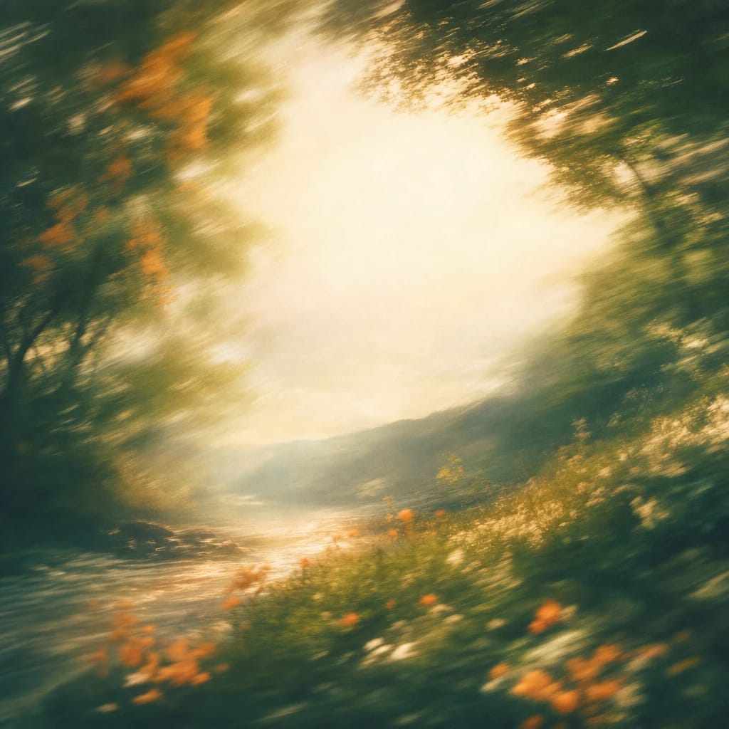 Stylized scene featuring dappled sunlight filtering through leafy forest branches, rendered in deep forest green, off-white, and warm orange