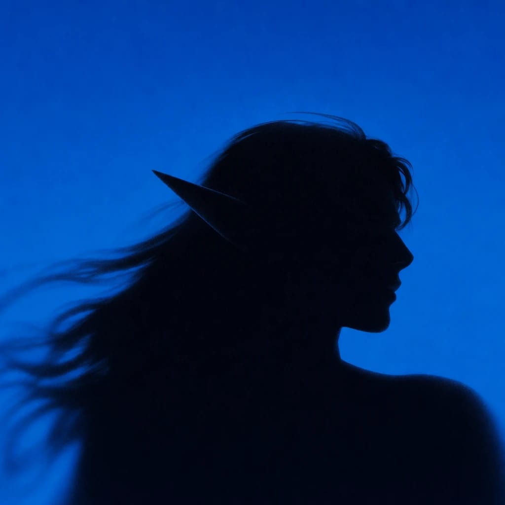 Stylized scene featuring an elf character with pointed ears and flowing hair, rendered in #004CB6