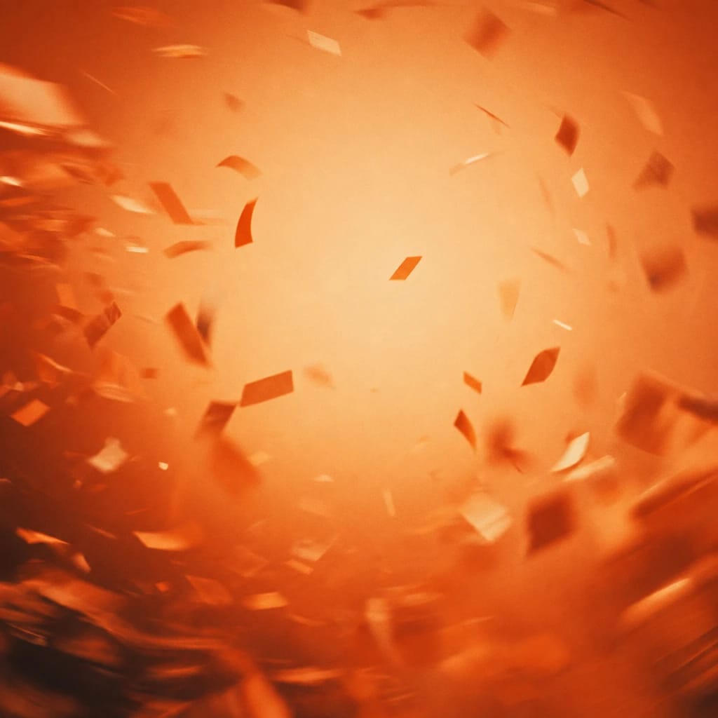 Stylized scene featuring brightly swirling, abstract confetti mid-air, rendered in burnt orange #C94A18