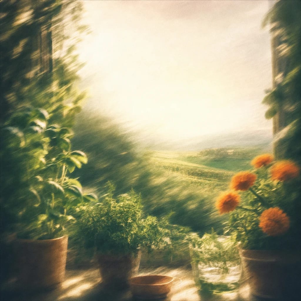 Stylized scene featuring a sunlit kitchen windowsill with vibrant potted herbs and orange marigolds, rendered in deep forest green, off-white, and warm orange