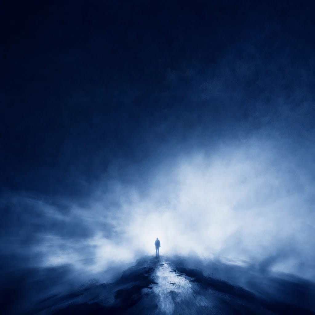 Stylized scene featuring a silhouetted figure standing at the end of a foggy path, rendered in #DFE8F3 and #020A2F