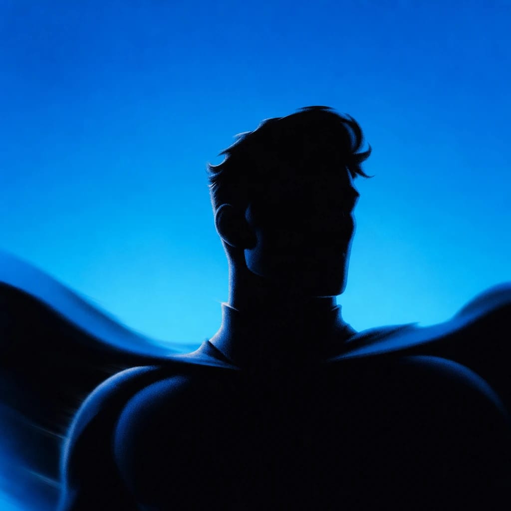 Stylized scene featuring a dynamic superhero figure, in a powerful pose, rendered in #004CB6